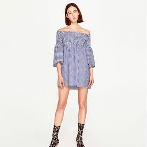 ZARA | OFF SHOULDER BABYDOLL DRESS | MINI | BLUE AND WHITE STRIPES | SMALL
